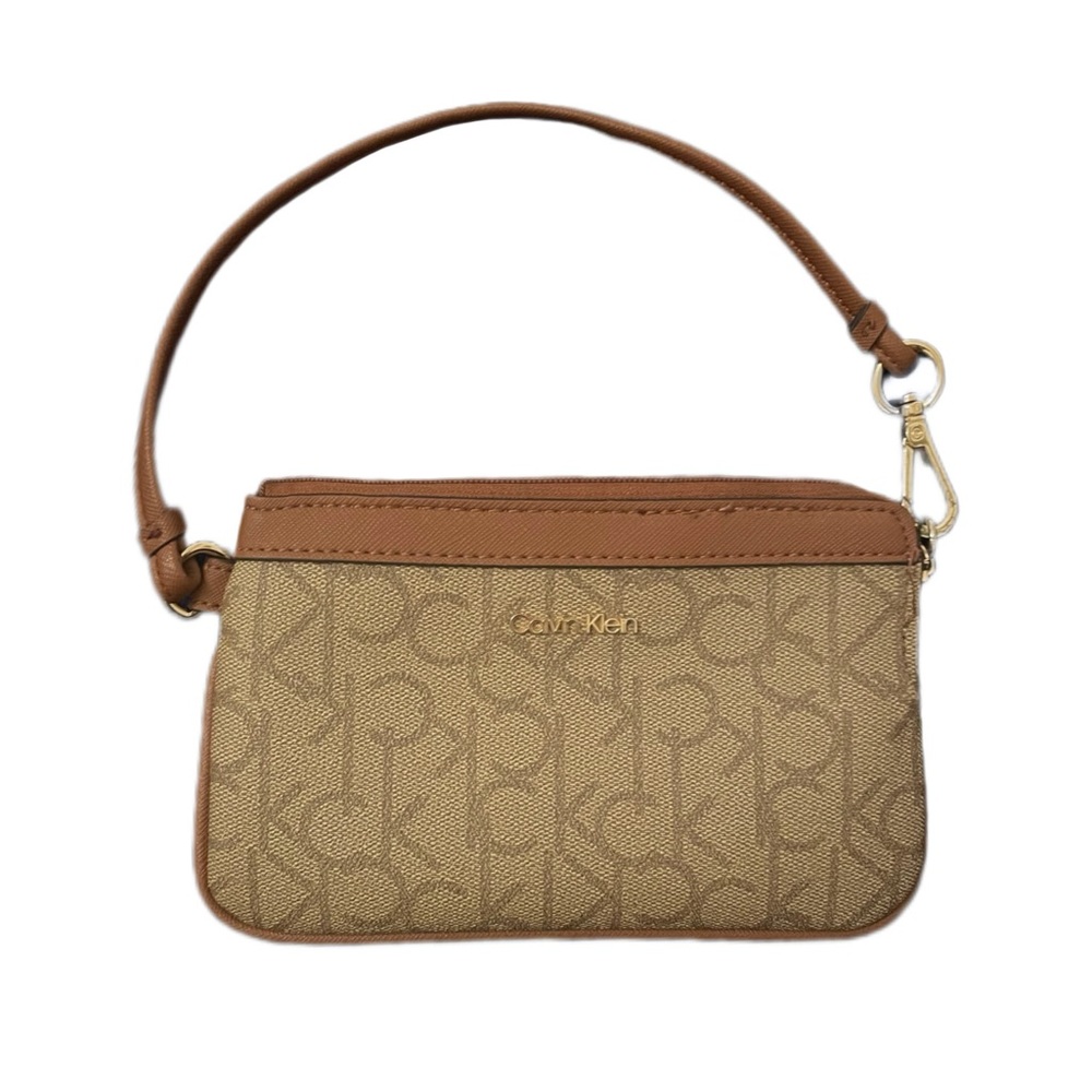 Calvin Klein Monogram Wristlet Clutch Brown Tan Y2K